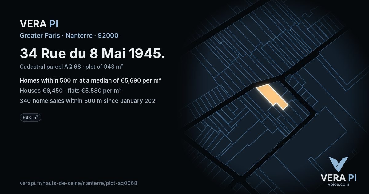 34 Rue du 8 Mai 1945, Nanterre at night – the plot lit, the parcels around coloured by the prices near them