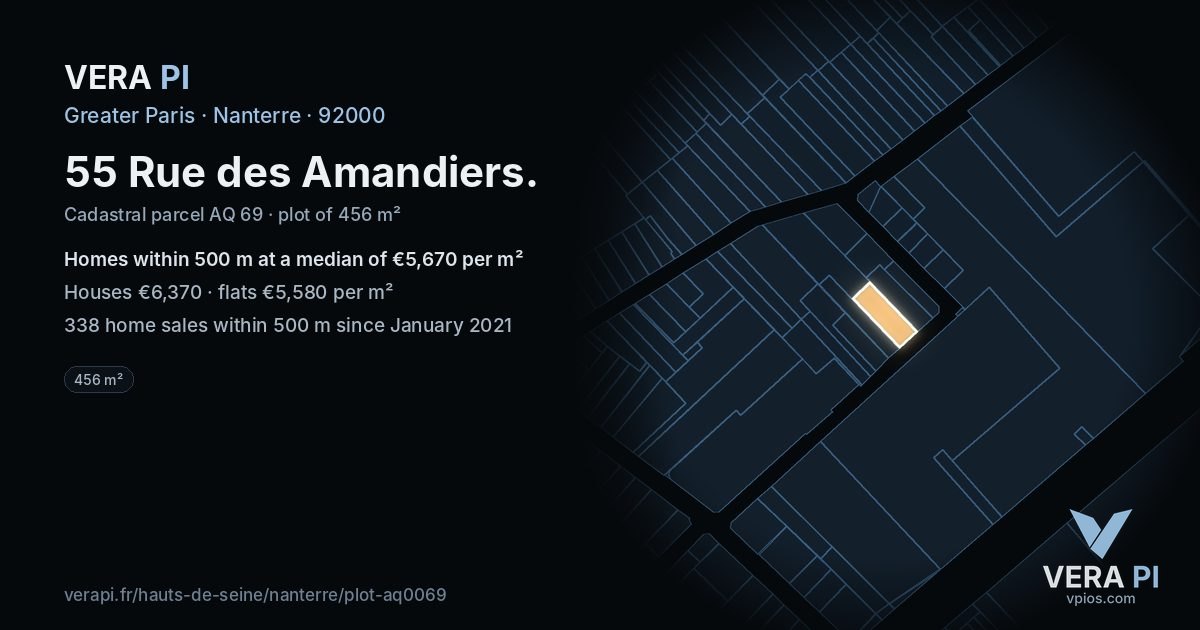 55 Rue des Amandiers, Nanterre at night – the plot lit, the parcels around coloured by the prices near them