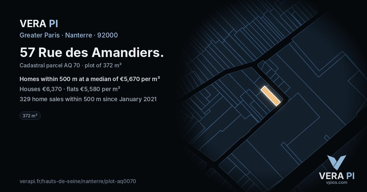 57 Rue des Amandiers, Nanterre at night – the plot lit, the parcels around coloured by the prices near them
