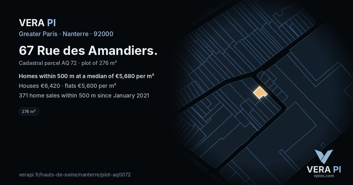 67 Rue des Amandiers, Nanterre at night – the plot lit, the parcels around coloured by the prices near them