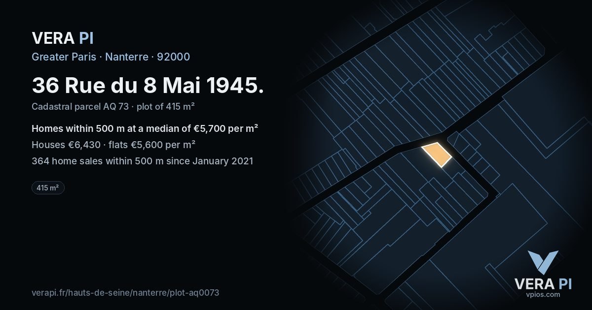 36 Rue du 8 Mai 1945, Nanterre at night – the plot lit, the parcels around coloured by the prices near them