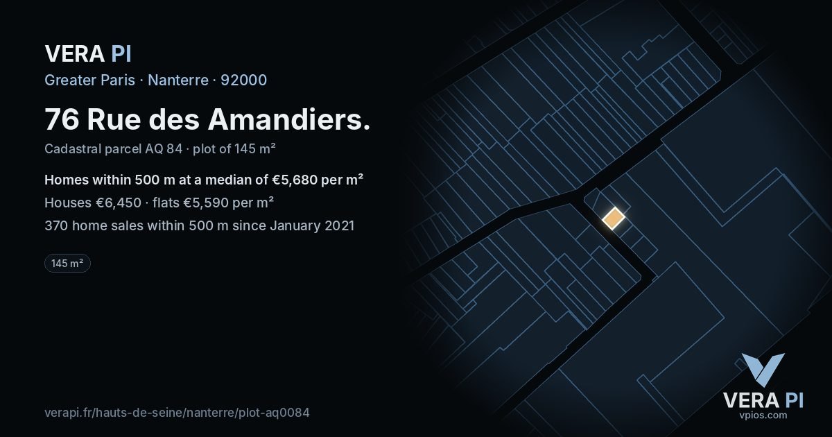 76 Rue des Amandiers, Nanterre at night – the plot lit, the parcels around coloured by the prices near them