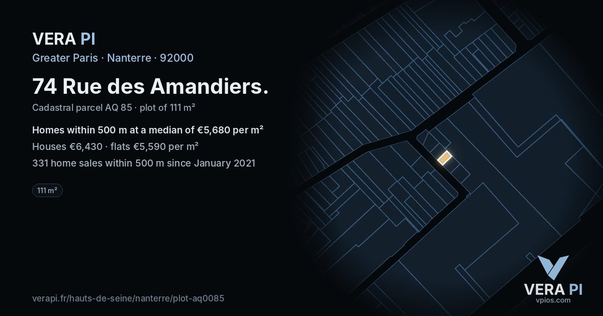 74 Rue des Amandiers, Nanterre at night – the plot lit, the parcels around coloured by the prices near them
