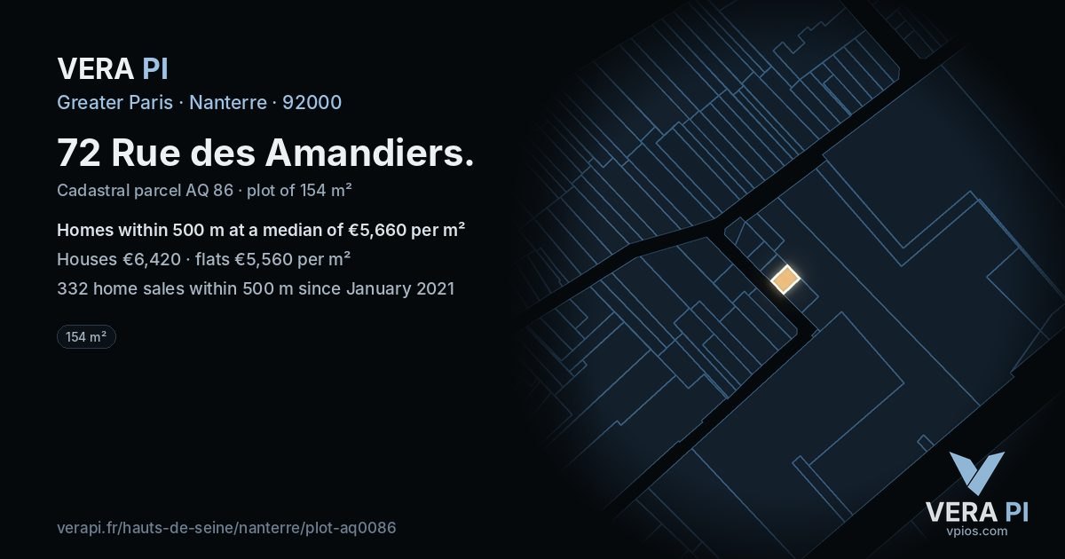 72 Rue des Amandiers, Nanterre at night – the plot lit, the parcels around coloured by the prices near them