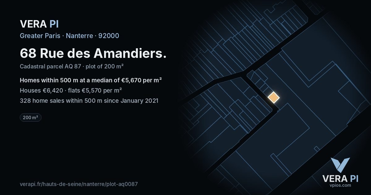 68 Rue des Amandiers, Nanterre at night – the plot lit, the parcels around coloured by the prices near them