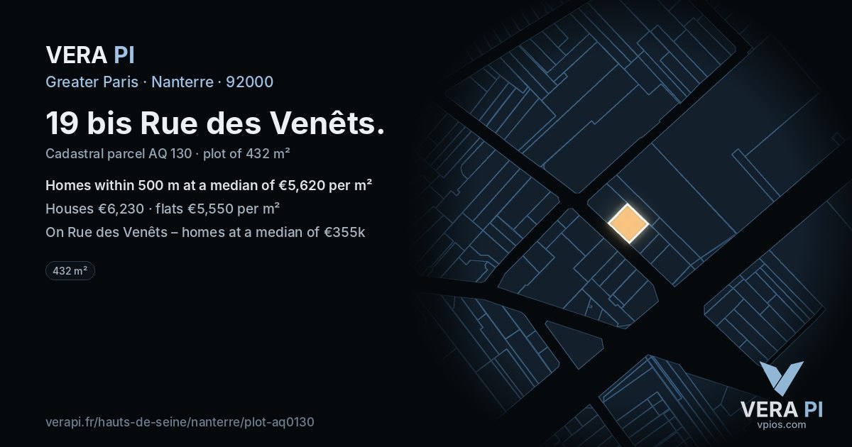 19 bis Rue des Venêts, Nanterre at night – the plot lit, the parcels around coloured by the prices near them