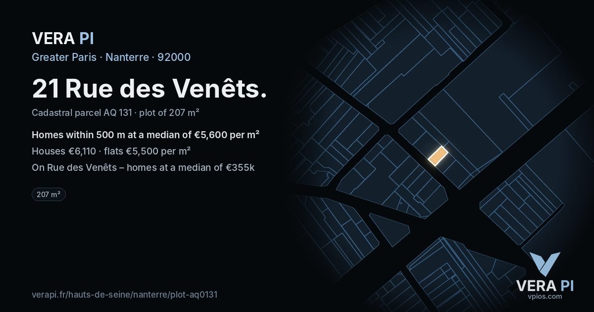 21 Rue des Venêts, Nanterre at night – the plot lit, the parcels around coloured by the prices near them