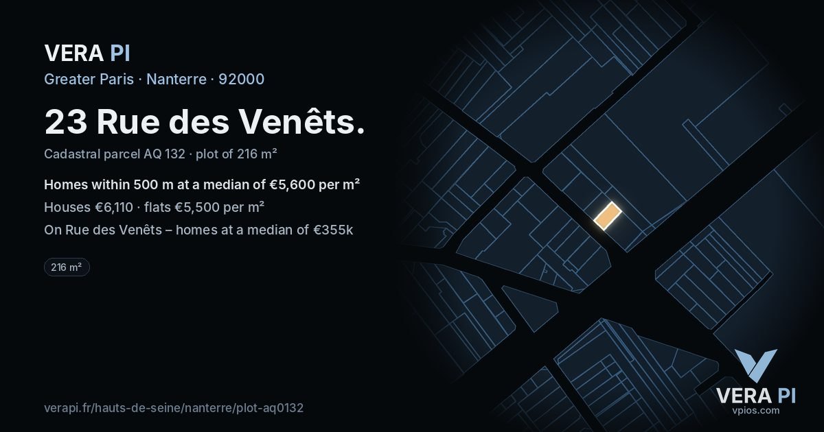 23 Rue des Venêts, Nanterre at night – the plot lit, the parcels around coloured by the prices near them