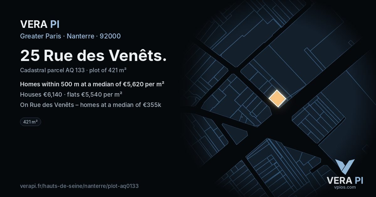 25 Rue des Venêts, Nanterre at night – the plot lit, the parcels around coloured by the prices near them