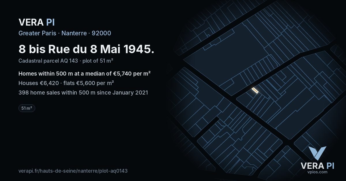 8 bis Rue du 8 Mai 1945, Nanterre at night – the plot lit, the parcels around coloured by the prices near them