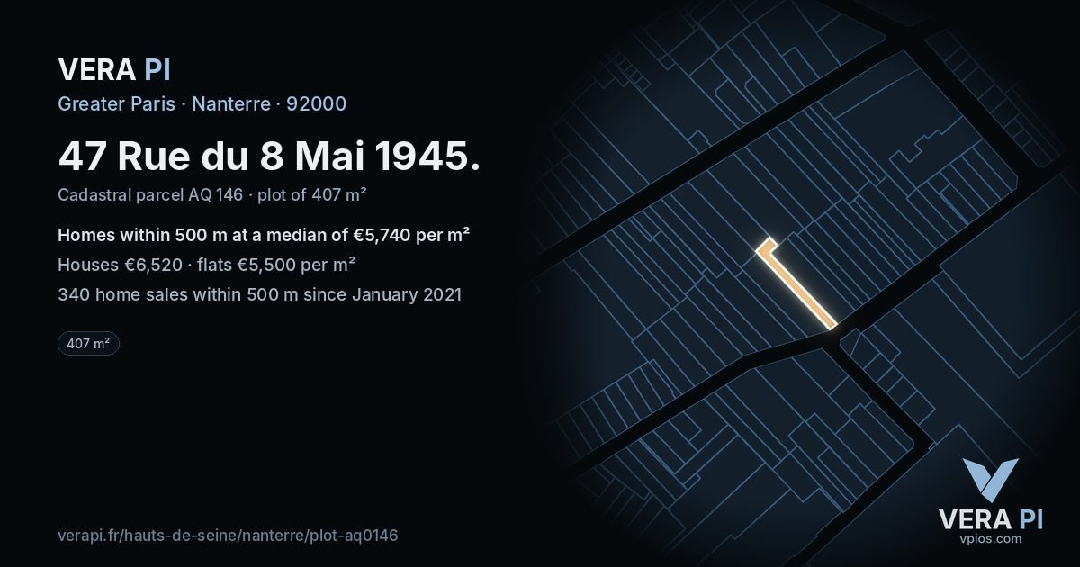47 Rue du 8 Mai 1945, Nanterre at night – the plot lit, the parcels around coloured by the prices near them