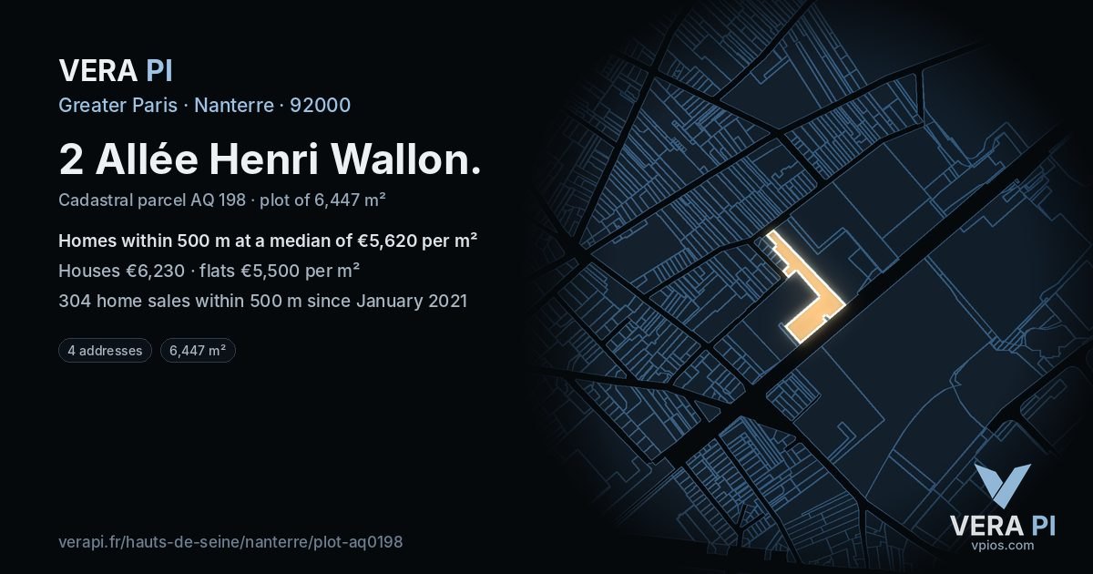 2 Allée Henri Wallon, Nanterre at night – the plot lit, the parcels around coloured by the prices near them