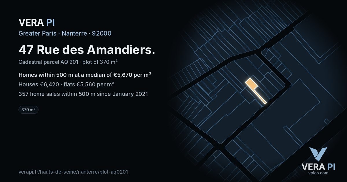 47 Rue des Amandiers, Nanterre at night – the plot lit, the parcels around coloured by the prices near them