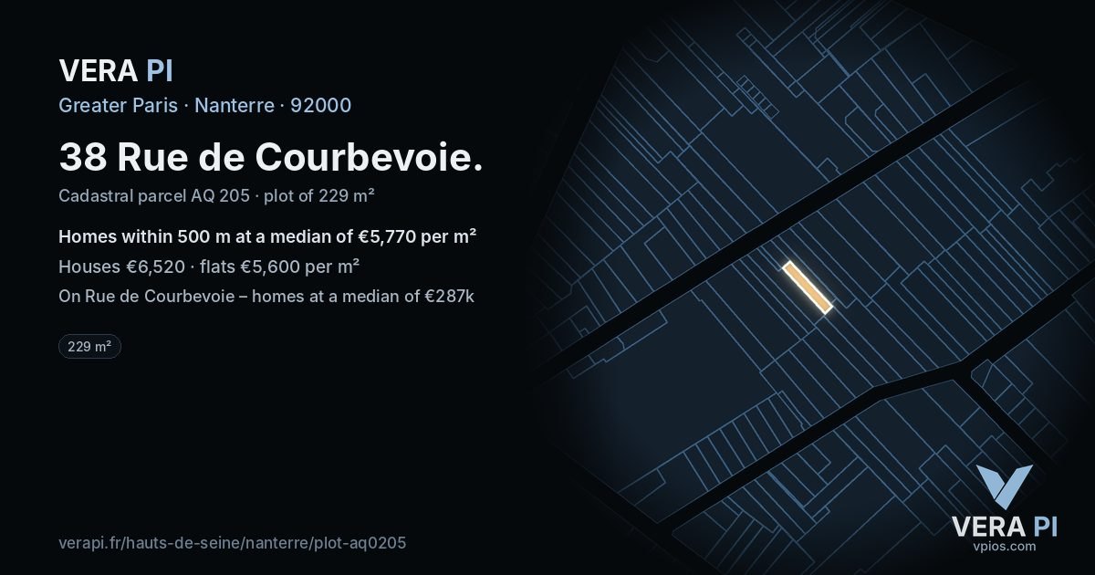 38 Rue de Courbevoie, Nanterre at night – the plot lit, the parcels around coloured by the prices near them