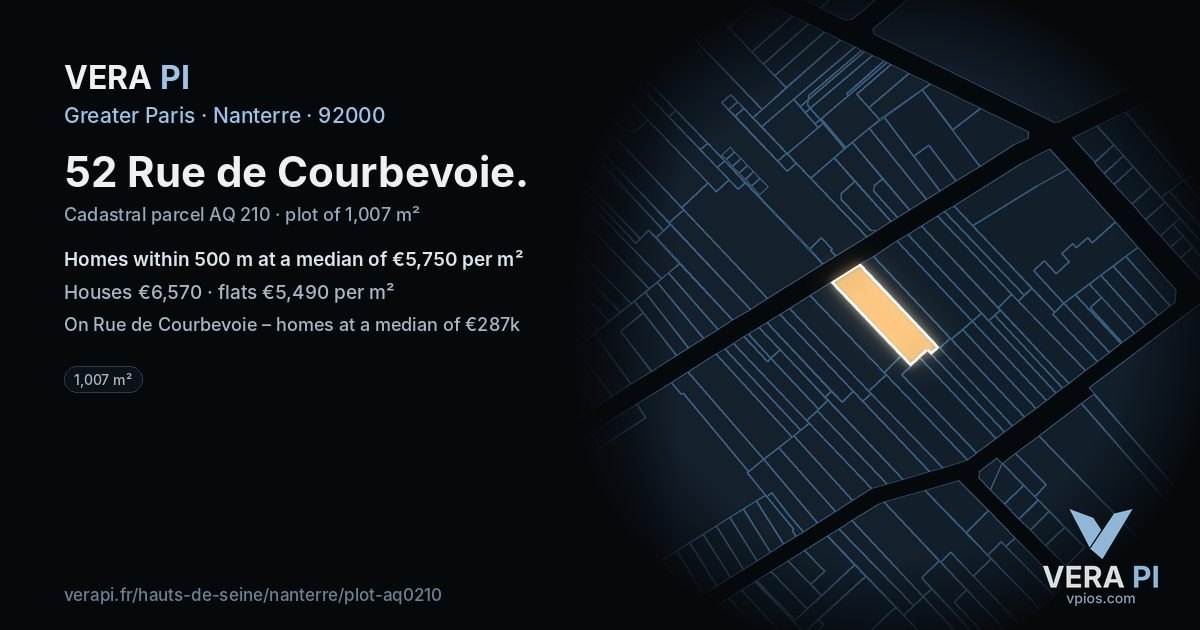 52 Rue de Courbevoie, Nanterre at night – the plot lit, the parcels around coloured by the prices near them