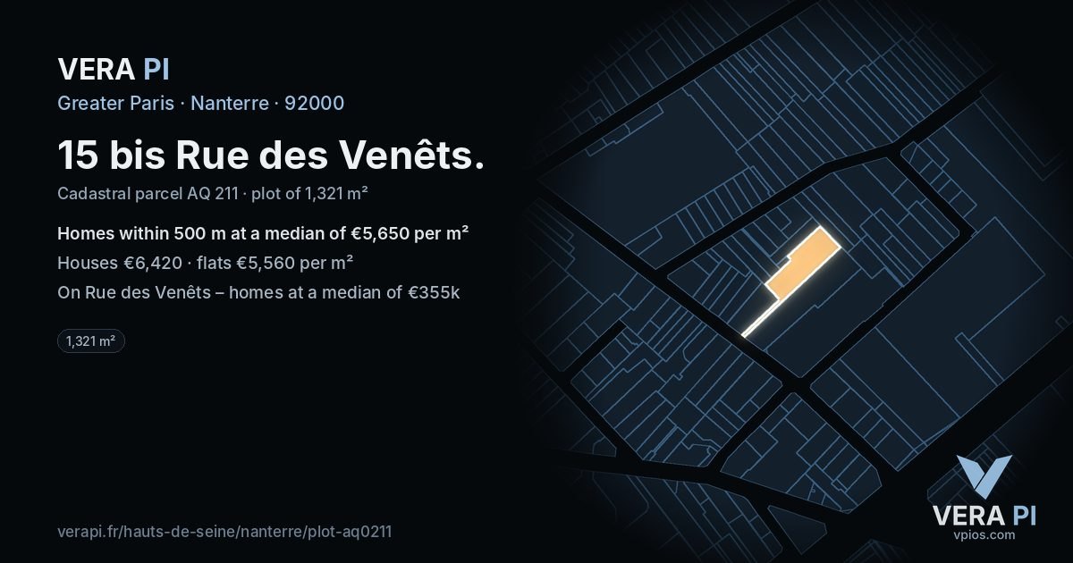 15 bis Rue des Venêts, Nanterre at night – the plot lit, the parcels around coloured by the prices near them