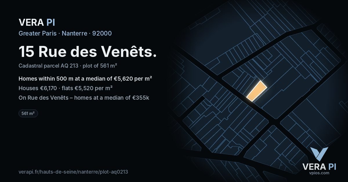 15 Rue des Venêts, Nanterre at night – the plot lit, the parcels around coloured by the prices near them