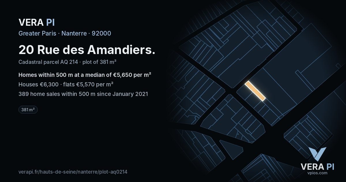 20 Rue des Amandiers, Nanterre at night – the plot lit, the parcels around coloured by the prices near them