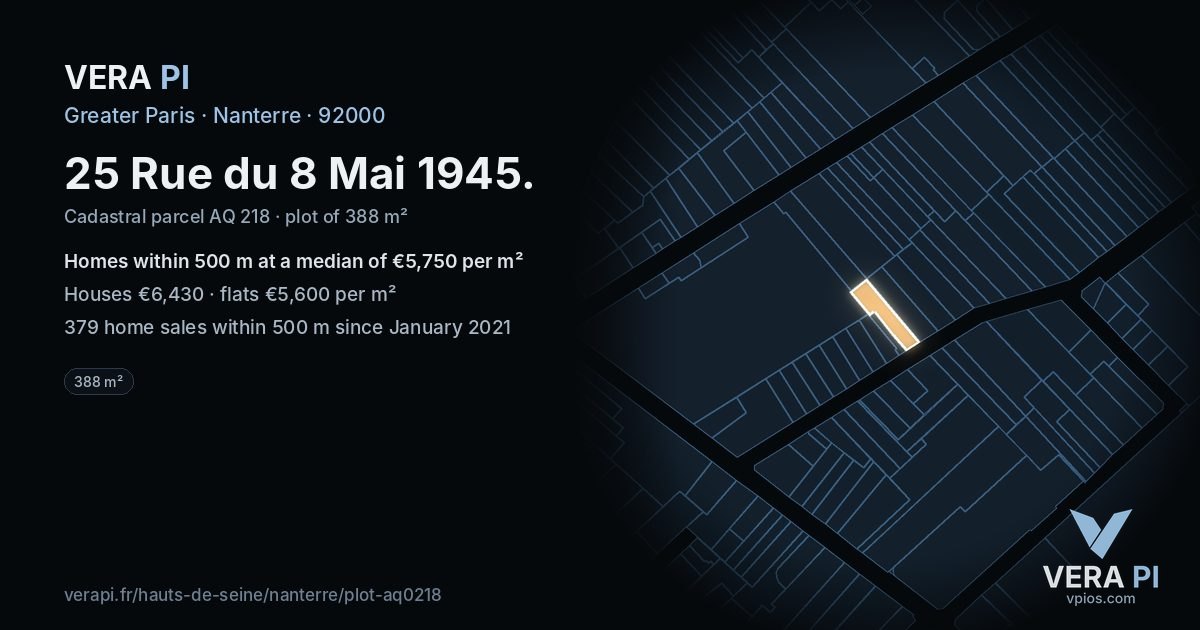 25 Rue du 8 Mai 1945, Nanterre at night – the plot lit, the parcels around coloured by the prices near them