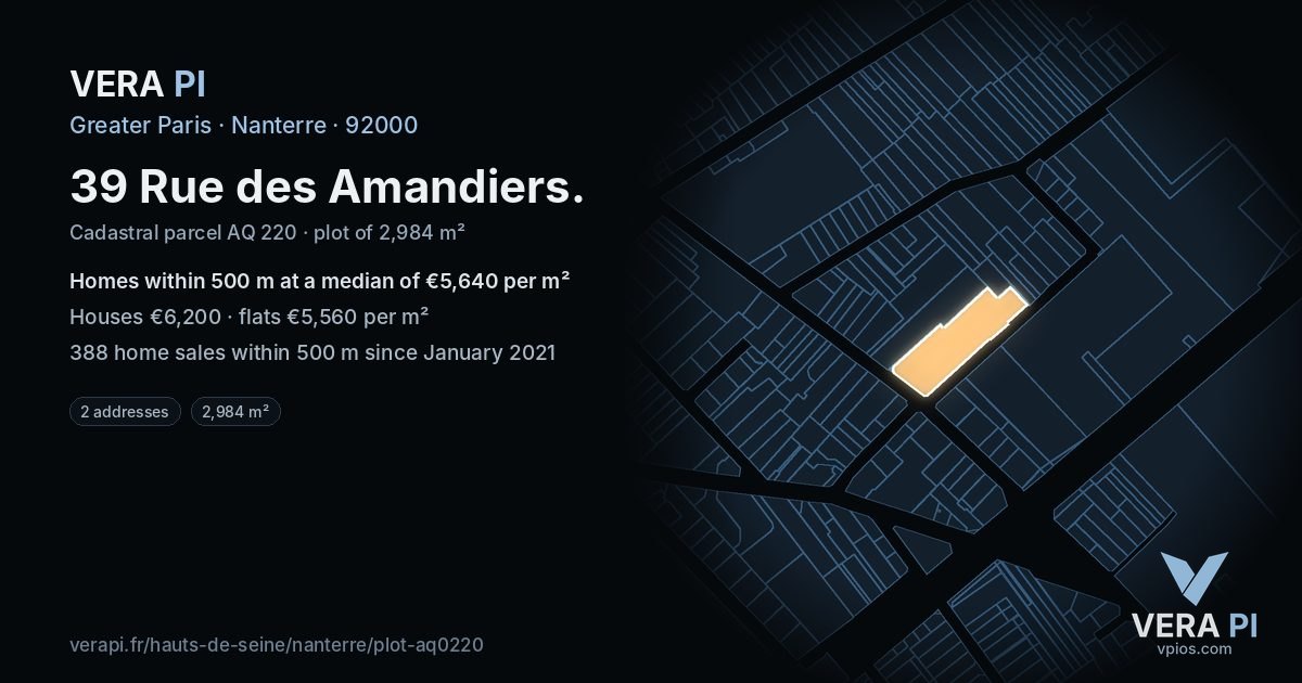 39 Rue des Amandiers, Nanterre at night – the plot lit, the parcels around coloured by the prices near them