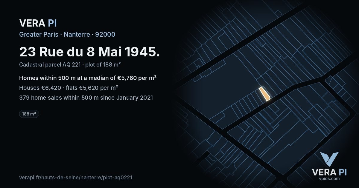 23 Rue du 8 Mai 1945, Nanterre at night – the plot lit, the parcels around coloured by the prices near them
