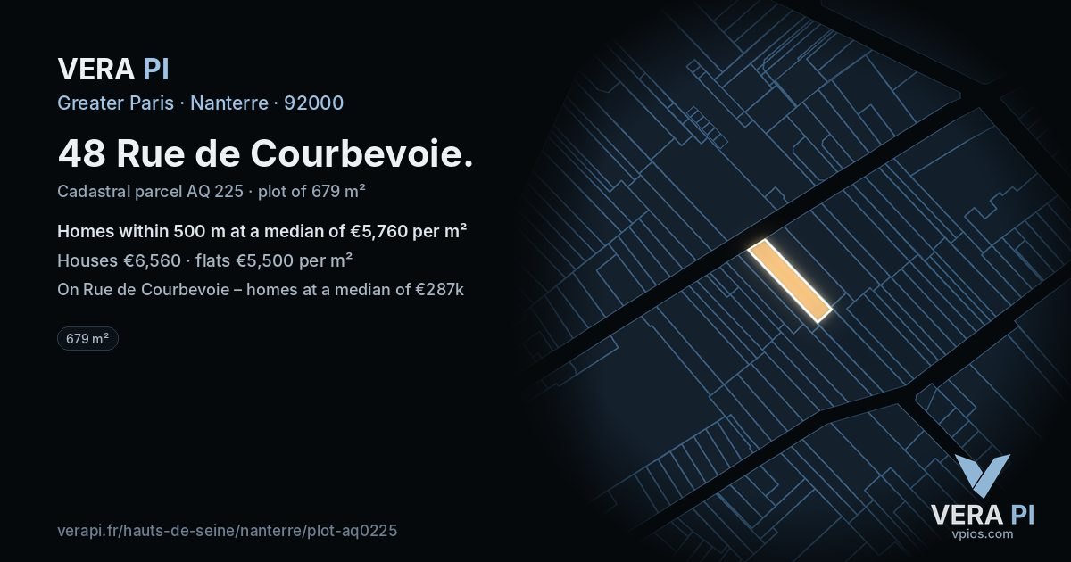 48 Rue de Courbevoie, Nanterre at night – the plot lit, the parcels around coloured by the prices near them