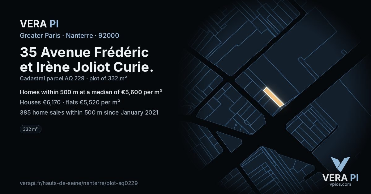 35 Avenue Frédéric et Irène Joliot Curie, Nanterre at night – the plot lit, the parcels around coloured by the prices near them
