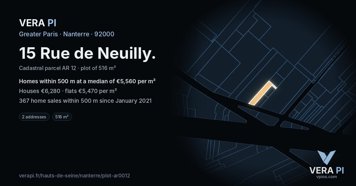 15 Rue de Neuilly, Nanterre at night – the plot lit, the parcels around coloured by the prices near them