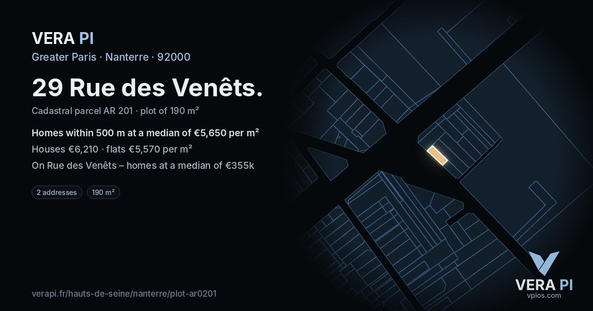 29 Rue des Venêts, Nanterre at night – the plot lit, the parcels around coloured by the prices near them