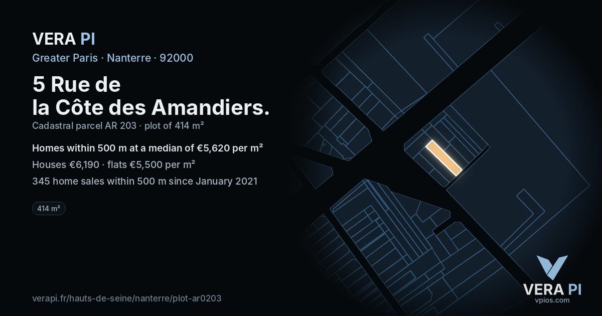 5 Rue de la Côte des Amandiers, Nanterre at night – the plot lit, the parcels around coloured by the prices near them