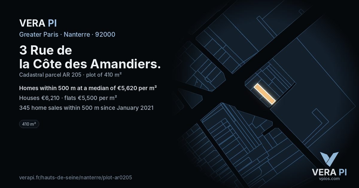 3 Rue de la Côte des Amandiers, Nanterre at night – the plot lit, the parcels around coloured by the prices near them
