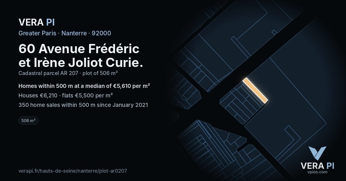 60 Avenue Frédéric et Irène Joliot Curie, Nanterre at night – the plot lit, the parcels around coloured by the prices near them