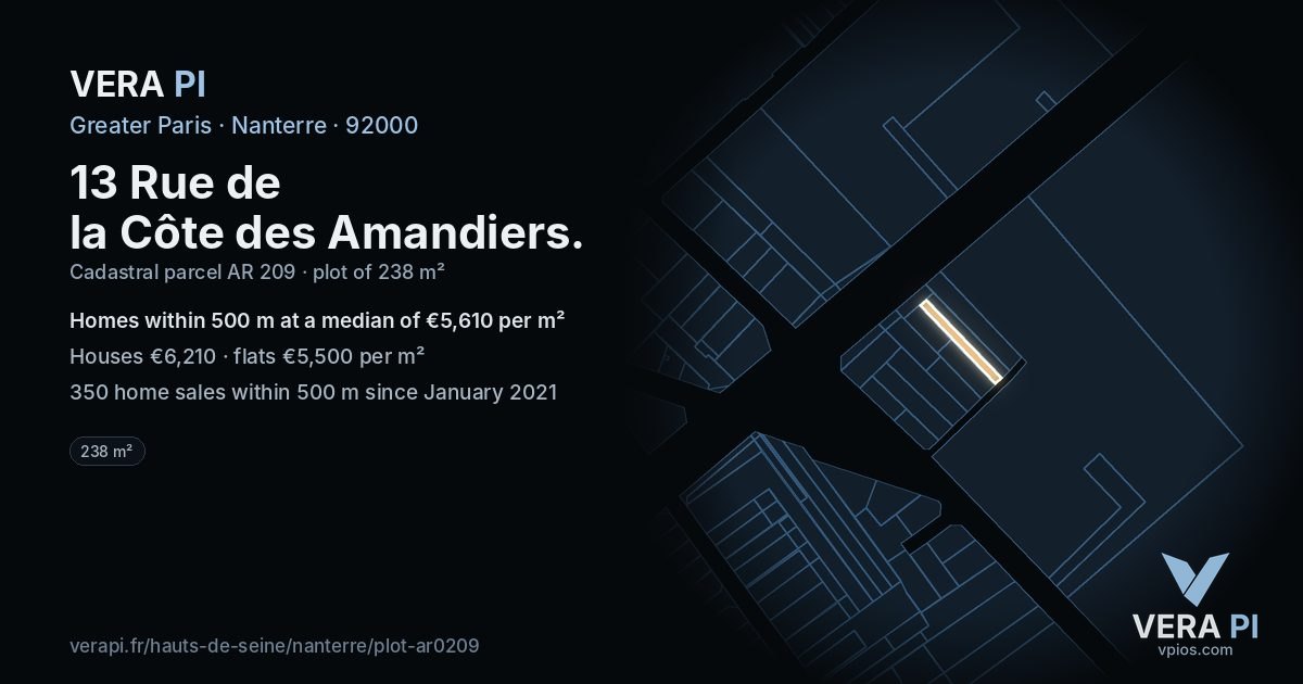 13 Rue de la Côte des Amandiers, Nanterre at night – the plot lit, the parcels around coloured by the prices near them