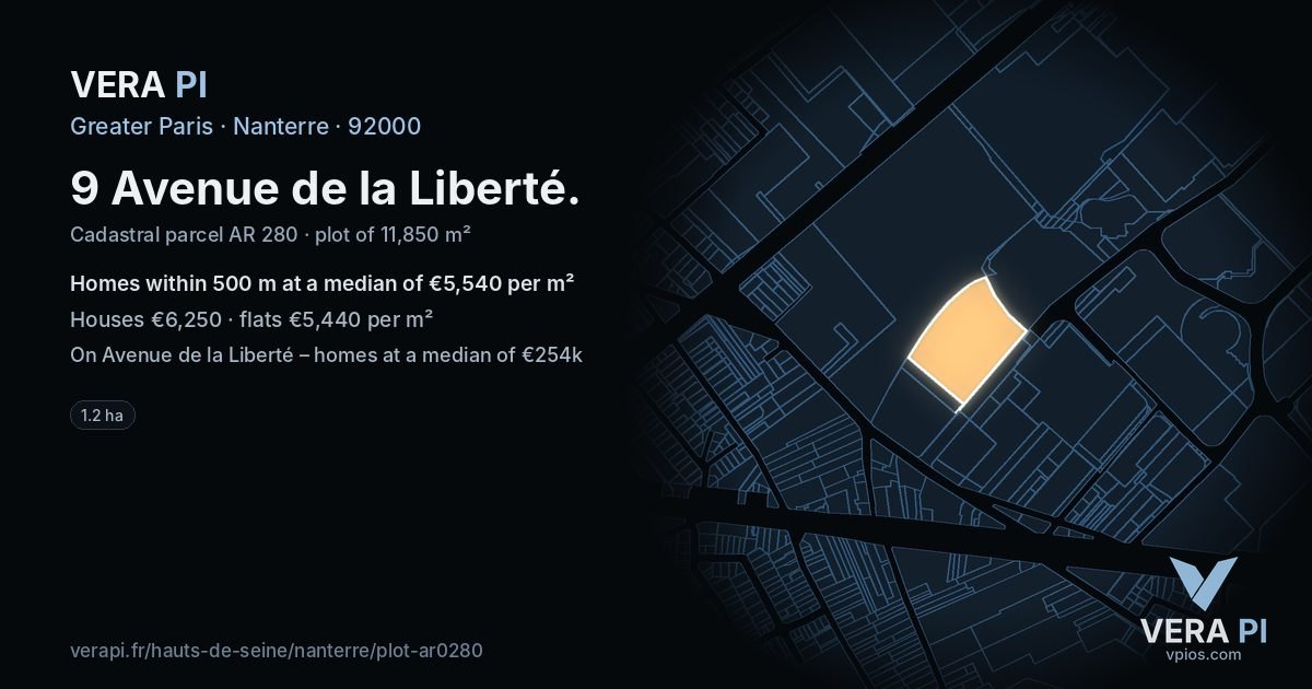 9 Avenue de la Liberté, Nanterre at night – the plot lit, the parcels around coloured by the prices near them