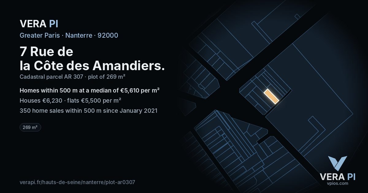 7 Rue de la Côte des Amandiers, Nanterre at night – the plot lit, the parcels around coloured by the prices near them