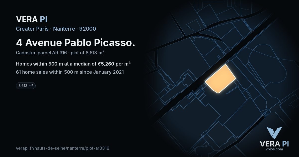 4 Avenue Pablo Picasso, Nanterre at night – the plot lit, the parcels around coloured by the prices near them