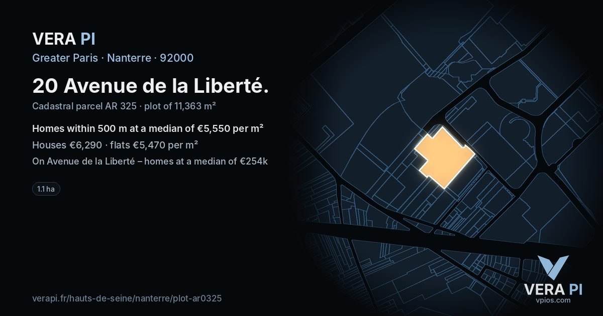 20 Avenue de la Liberté, Nanterre at night – the plot lit, the parcels around coloured by the prices near them