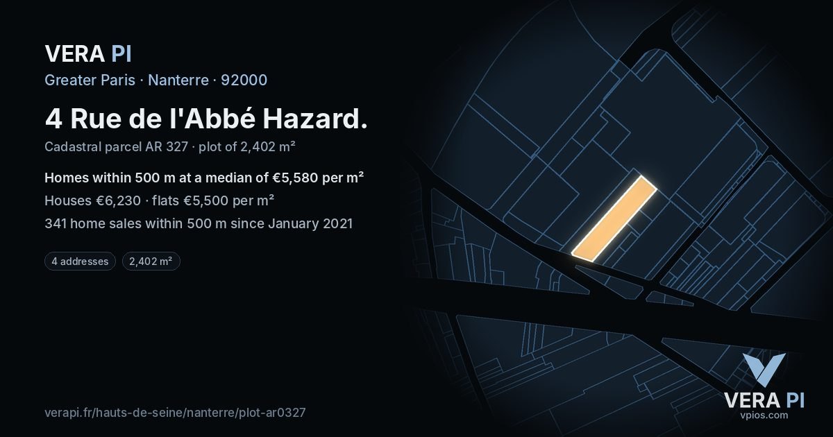 4 Rue de l'Abbé Hazard, Nanterre at night – the plot lit, the parcels around coloured by the prices near them