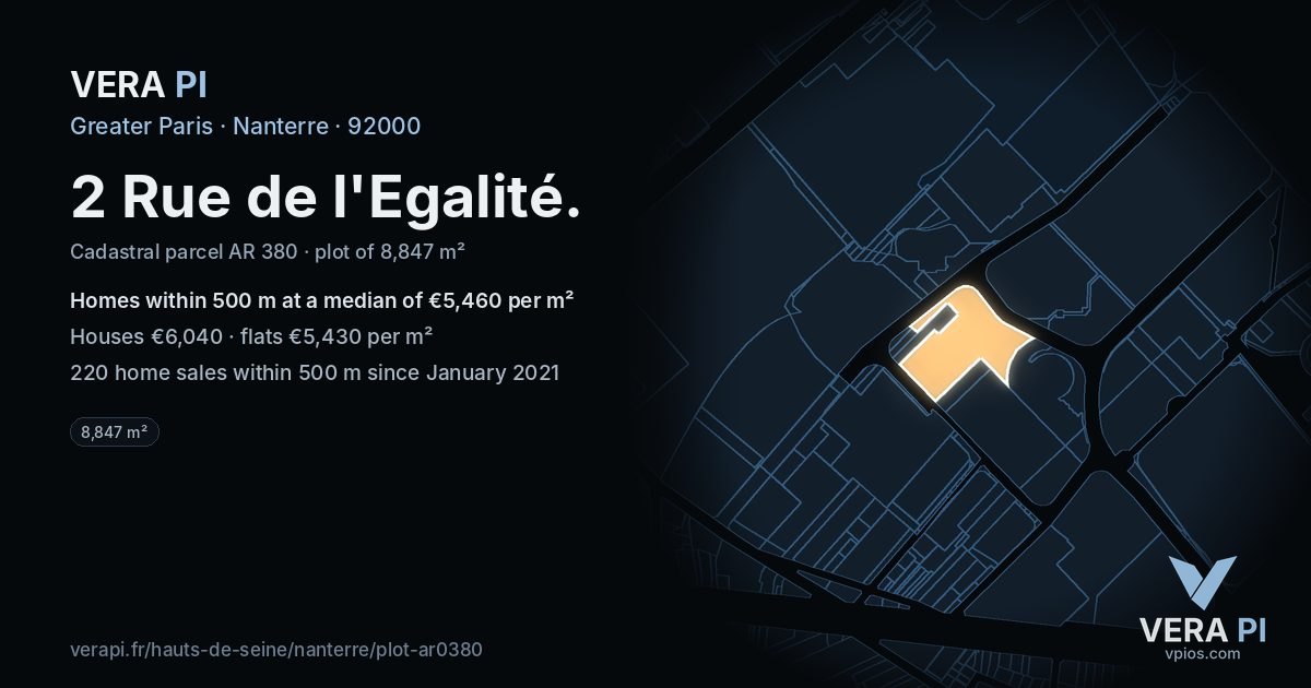 2 Rue de l'Egalité, Nanterre at night – the plot lit, the parcels around coloured by the prices near them