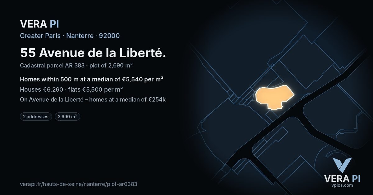 55 Avenue de la Liberté, Nanterre at night – the plot lit, the parcels around coloured by the prices near them