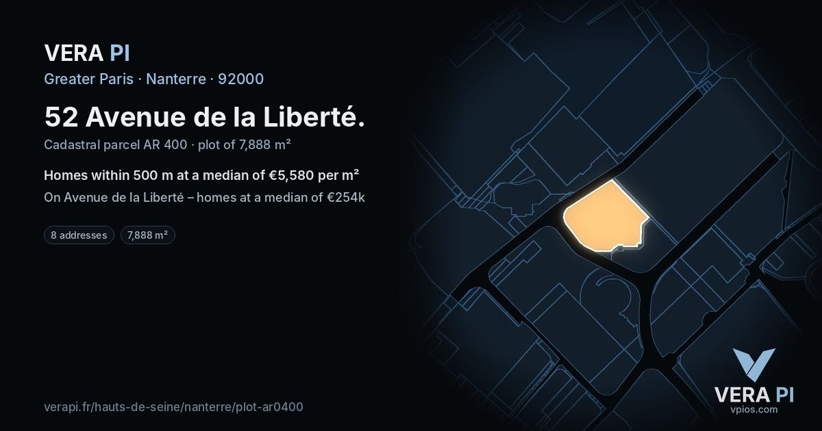 52 Avenue de la Liberté, Nanterre at night – the plot lit, the parcels around coloured by the prices near them