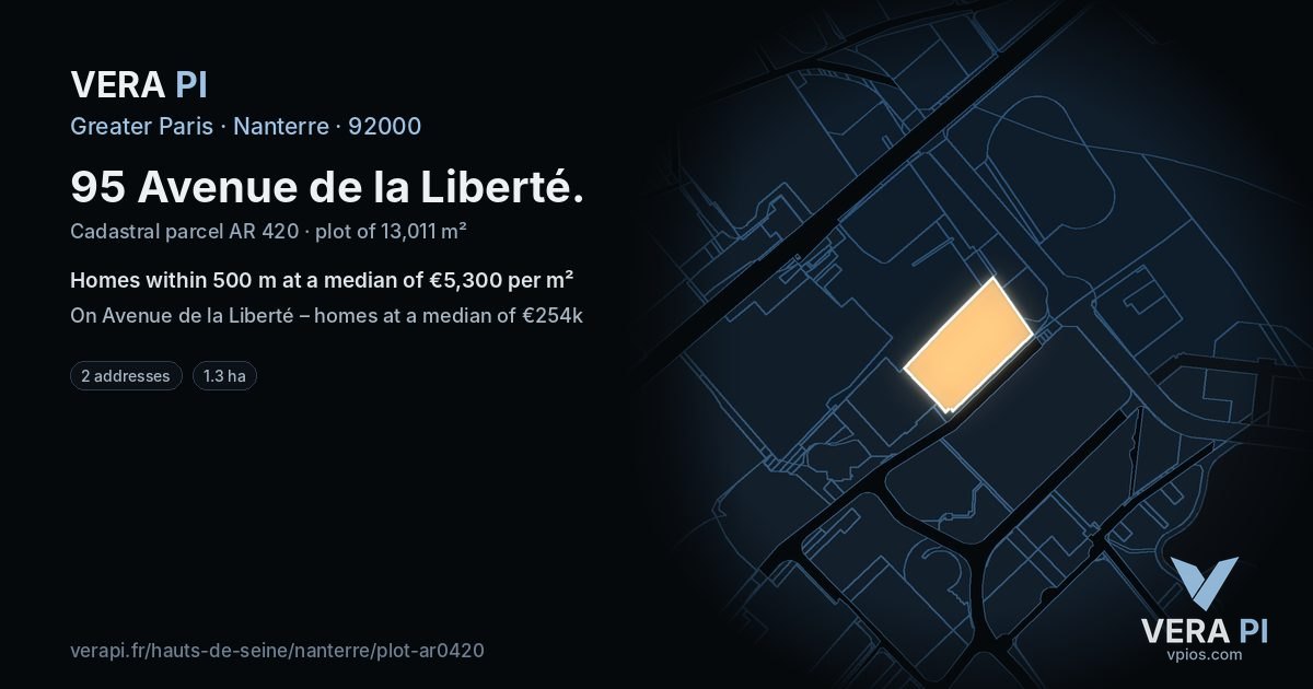 95 Avenue de la Liberté, Nanterre at night – the plot lit, the parcels around coloured by the prices near them