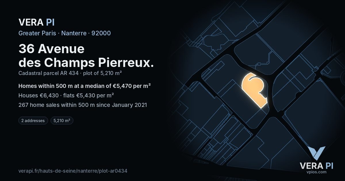36 Avenue des Champs Pierreux, Nanterre at night – the plot lit, the parcels around coloured by the prices near them