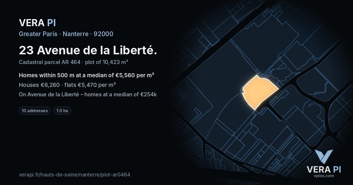23 Avenue de la Liberté, Nanterre at night – the plot lit, the parcels around coloured by the prices near them