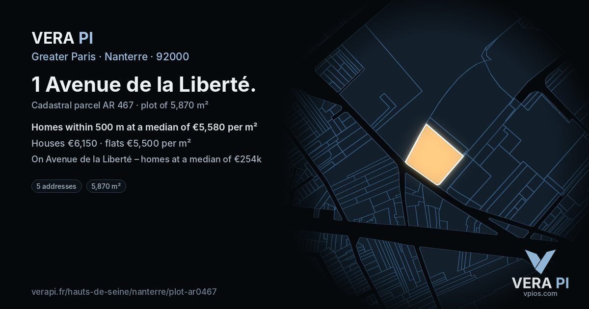 1 Avenue de la Liberté, Nanterre at night – the plot lit, the parcels around coloured by the prices near them