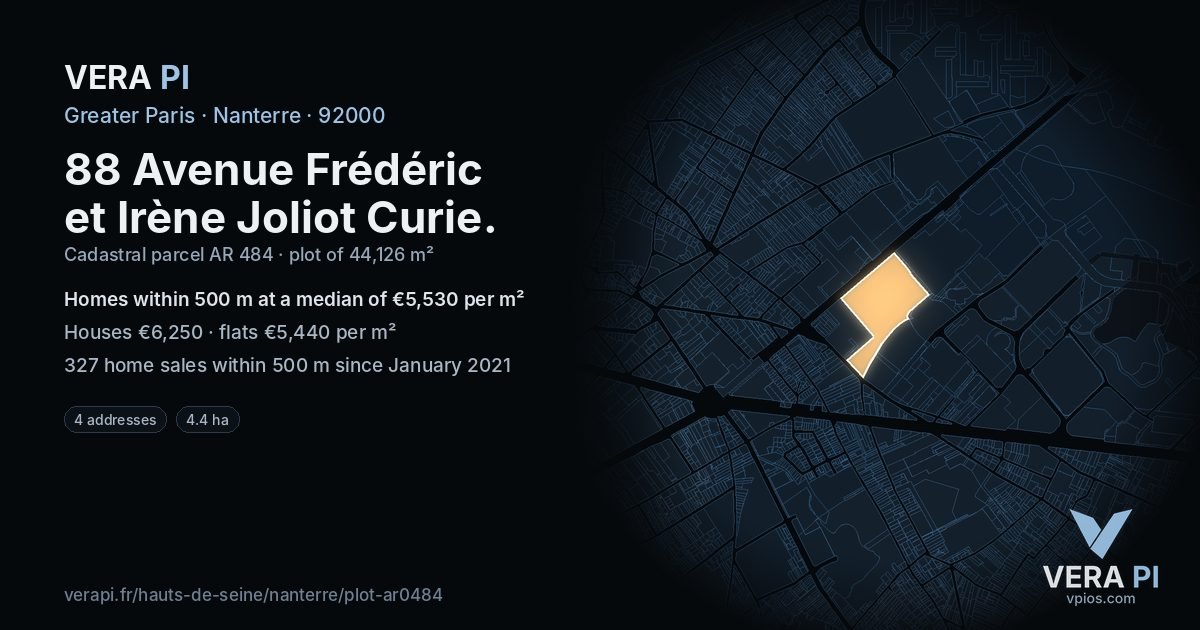 88 Avenue Frédéric et Irène Joliot Curie, Nanterre at night – the plot lit, the parcels around coloured by the prices near them