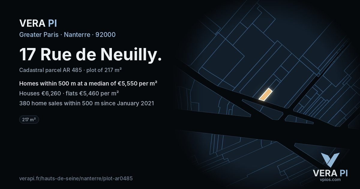17 Rue de Neuilly, Nanterre at night – the plot lit, the parcels around coloured by the prices near them