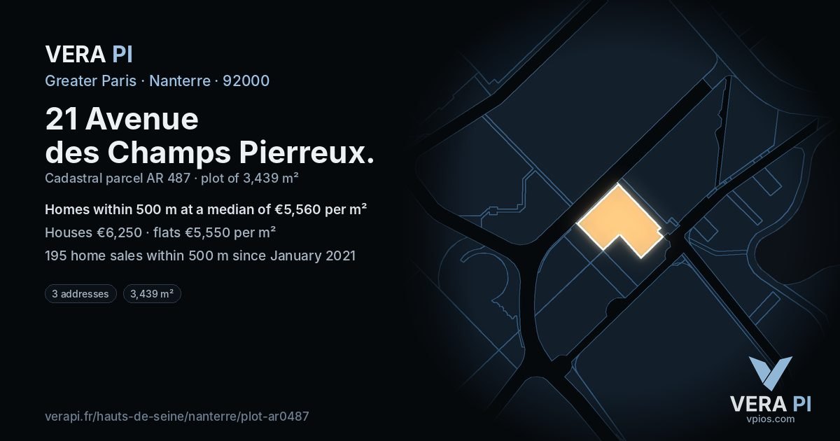 21 Avenue des Champs Pierreux, Nanterre at night – the plot lit, the parcels around coloured by the prices near them