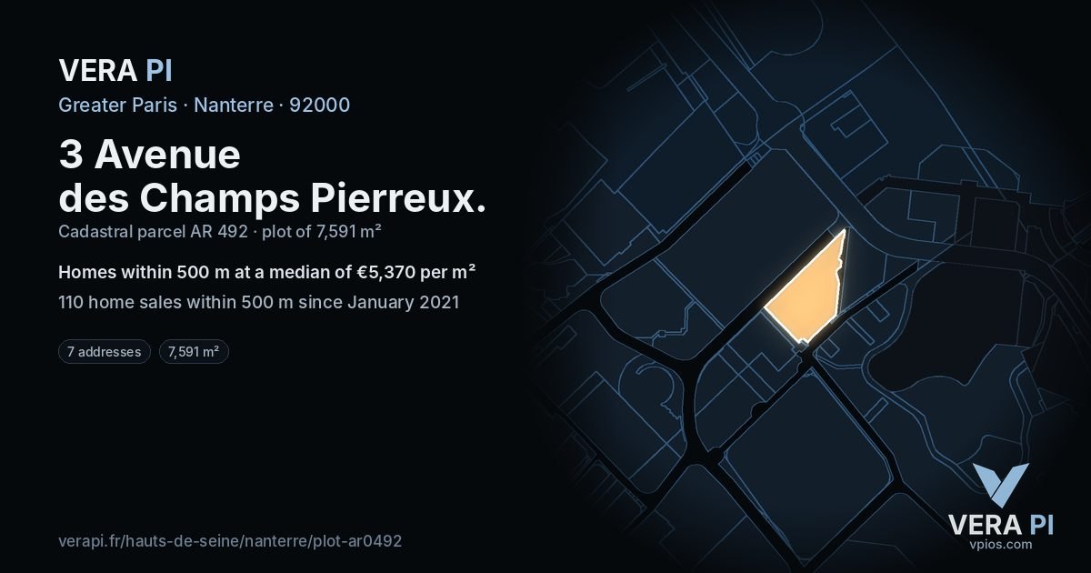 3 Avenue des Champs Pierreux, Nanterre at night – the plot lit, the parcels around coloured by the prices near them