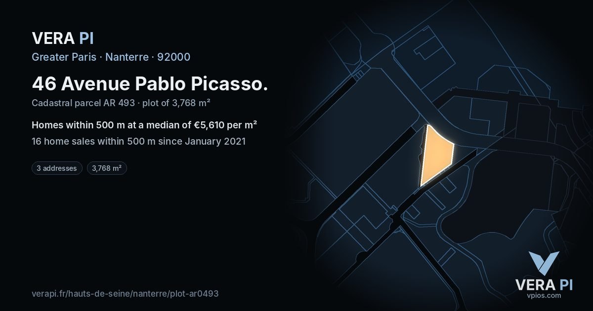 46 Avenue Pablo Picasso, Nanterre at night – the plot lit, the parcels around coloured by the prices near them